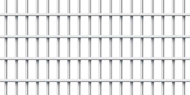 现实的金属监狱栏杆孤立在白色背景。详细的监狱笼子，监狱铁栅栏。犯罪背景模型。创造性的矢量图。图片下载