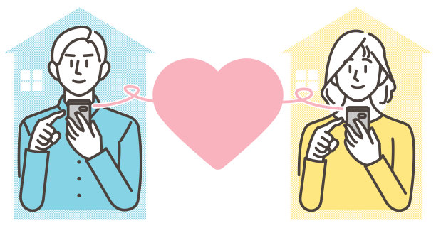 异地恋情侣微笑着用智能手机发短信[矢量插图]。图片下载