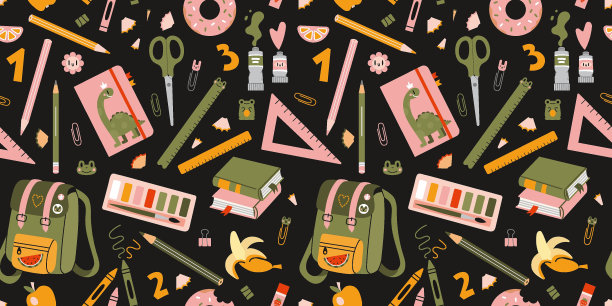 无缝图案与学校文具和艺术用品的黑色背景，卡通风格。回到学校。时髦的现代矢量插图，手绘，平面图片下载