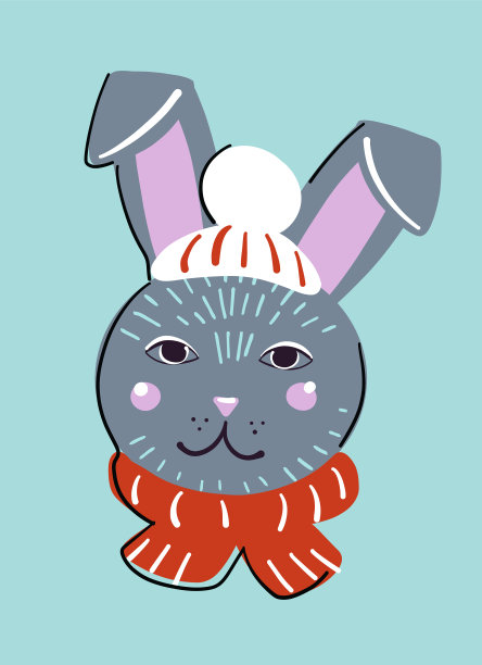 可爱的灰色小兔子，戴着白色的针织帽子图片下载