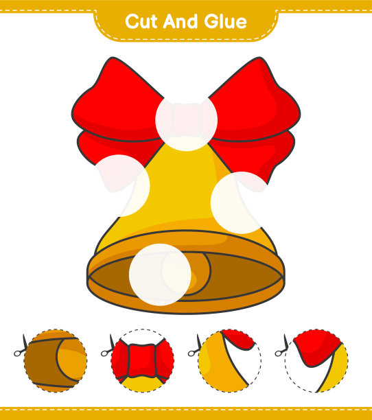 剪下并粘上，剪下圣诞钟的一部分并粘上。教育儿童游戏，可打印的工作表，矢量插图图片下载