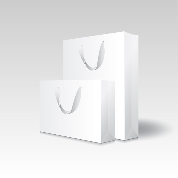 空白白纸购物袋或礼品袋(2大小)与丝带处理模型模板。图片下载