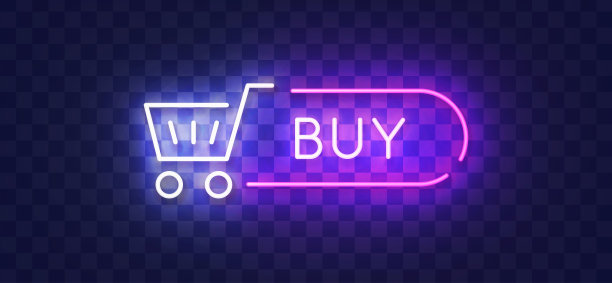 购买按钮霓虹灯。购买图标。彩色的霓虹灯按钮。按钮和图标霓虹灯。矢量图图片下载