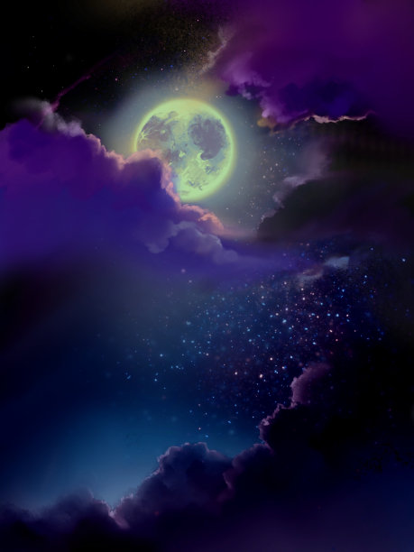 满月和星空在太空中闪耀，云海飘浮。图片下载