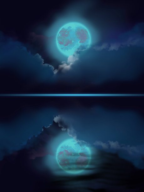 满月在五彩缤纷的空间中闪耀，美丽的云海和星星在水面上反射图片下载