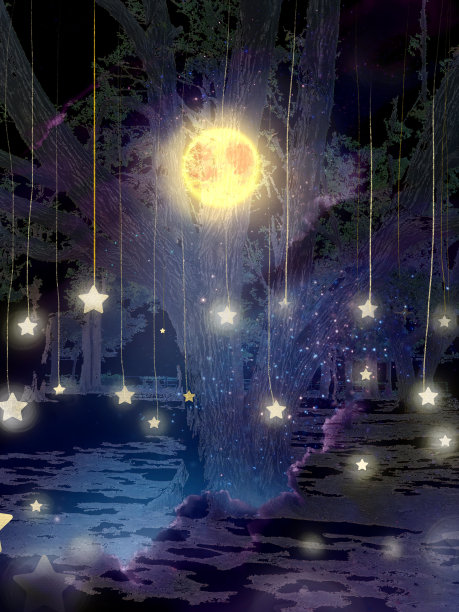 云海飘浮的夜空，神秘的月亮穿过一根老树枝的剪影。神秘的插图图片下载