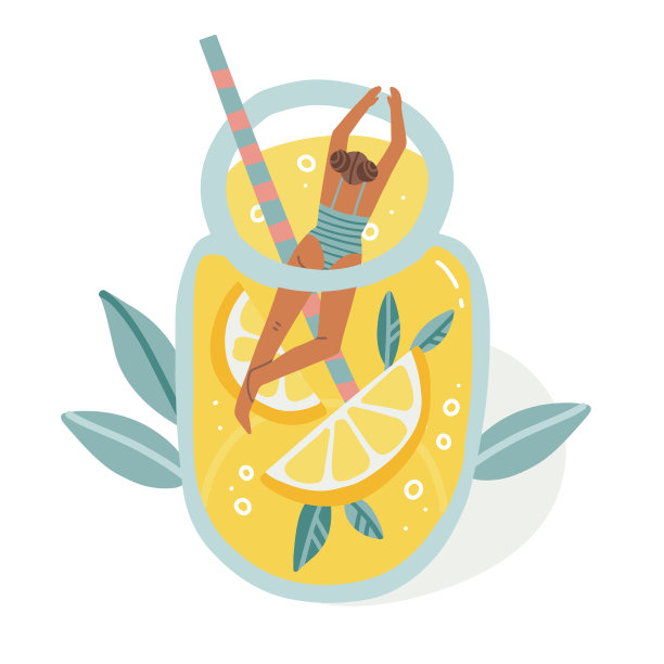 晒黑的女孩在游泳服潜水柠檬水饮料。玻璃罐和柠檬片。卡通漫画女孩在柑橘鸡尾酒捷豹。矢量平面手绘插图。图片下载