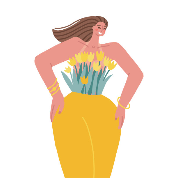 一个漂亮的黑发女孩，穿着用黄色郁金香花和叶子做成的裙子，摆着快乐的姿势。女性心理健康观念。矢量平面手绘插图图片下载