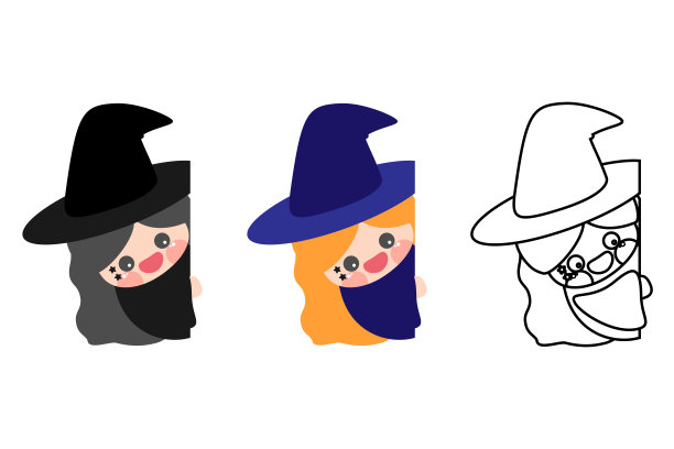 万圣节可爱的卡通小女巫玩捉迷藏。套不同的颜色和线条艺术。孤立在白色背景，平面设计，EPS10矢量图片下载