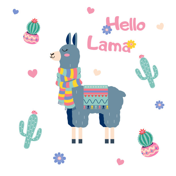 可爱的卡通Hello喇嘛与围巾和仙人掌矢量设计在白色图片下载