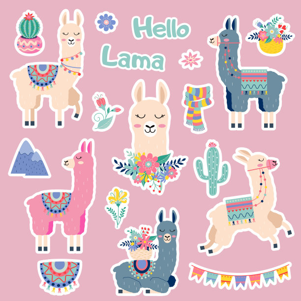 可爱的卡通贴纸喇嘛设置仙人掌彩虹山矢量设计在白色图片下载