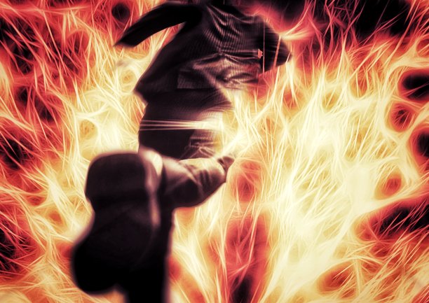 商人在燃烧的火焰中奔跑的3D插图图片下载