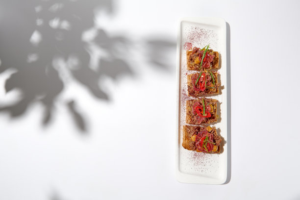 美学的构成，切碎的牛肉面包在白色的背景上，花的阴影。意大利意式烤面包配碎牛肉和芥末，是夏日美食。优雅的菜单的概念。图片下载