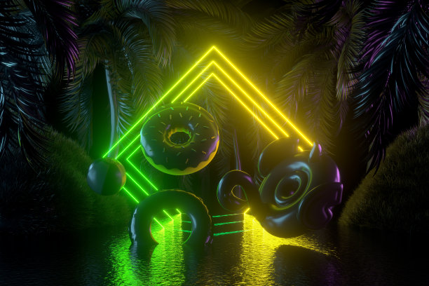 霓虹灯暑期旅游背景与棕榈树图片下载