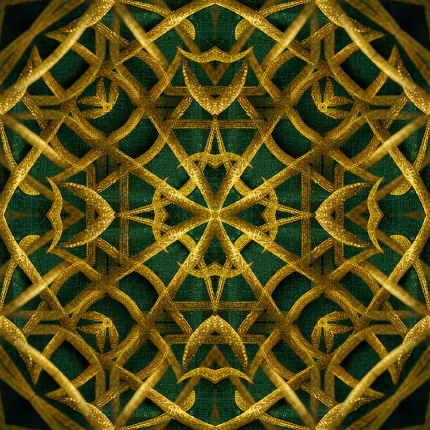 摘要数字渲染深绿色和金色凯尔特图案复古织物背景图片下载