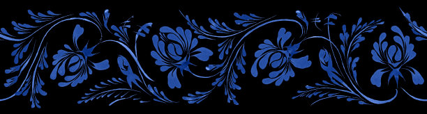 乌克兰民间绘画风格Petrykivka。花卉水彩无缝的边界图案从蓝色牡丹花和叶子在黑色的背景。民族设计图片下载