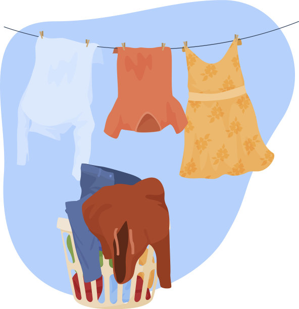 洗湿的亚麻布放在篮子里，挂在绳子上图片下载