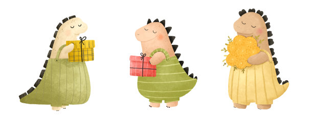 迪诺，可爱的恐龙插图。有趣的卡通恐龙生日，有礼物的派对，白色背景的气球图片下载