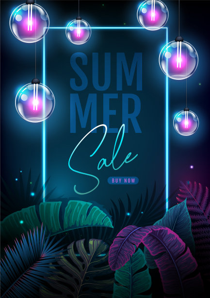 带有荧光热带树叶的夏季特卖海报图片下载