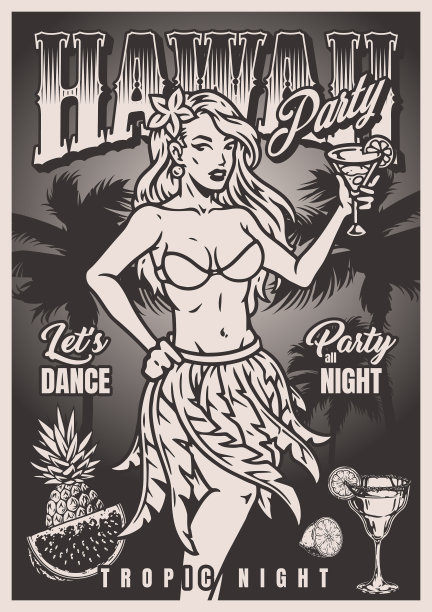 夏威夷派对复古传单单色图片下载