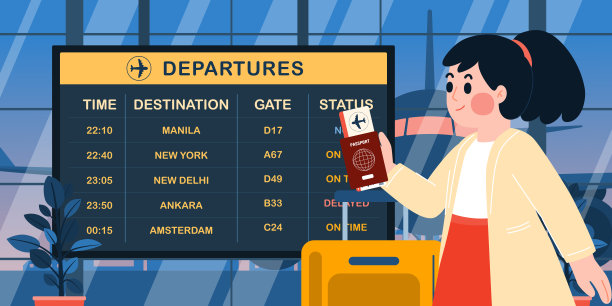 女子在离境板检查离境时间，矢量，插图图片下载