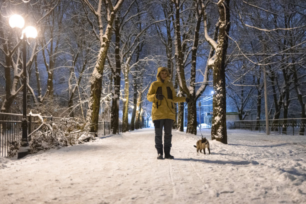 冬天的傍晚，身穿黄色夹克的女子牵着猫在街上散步。图片下载