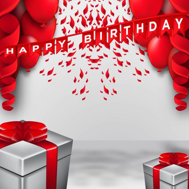 快乐生日庆祝排版设计贺卡，海报或横幅与现实的气球和飘落的五彩纸屑。矢量图图片下载