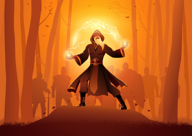 巫师在树林里施了强大的魔法，身后跟着骑士图片下载