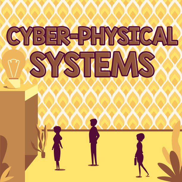 显示网络物理系统的文字标志。基于计算机算法控制的商业理念机制手持数字挂锁灯泡的女性和圆圈推广。图片下载