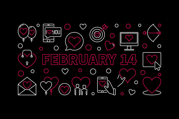 2月14日黑色背景上的线性矢量水平横幅图片下载