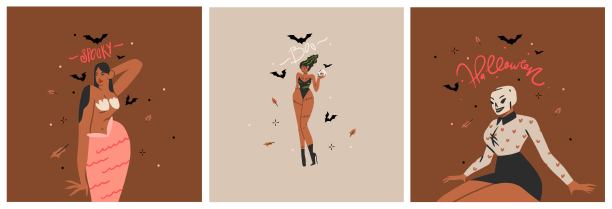 手绘抽象矢量图形剪贴画插图，万圣节节日服装派对成人人物收集卡模板集。令人毛骨悚然的万圣节设计海报概念。万圣节快乐艺术图片下载