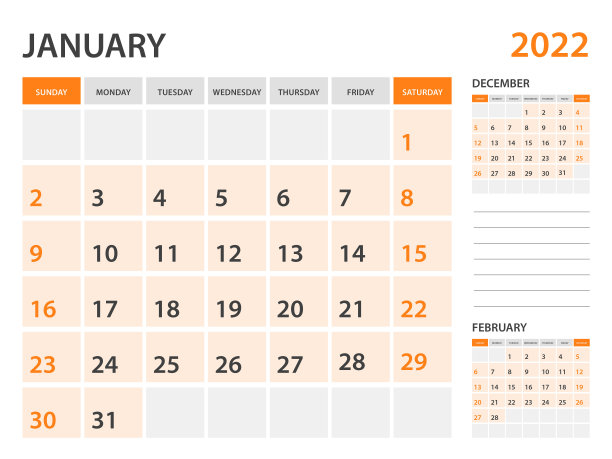 日历2022模板- 2022年1月，每月计划，台历2022模板，墙日历设计，星期开始星期日，文具，印刷，办公室组织者矢量图片下载