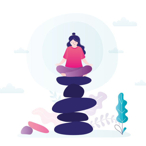 女孩坐在石塔上冥想。女性角色在冥想时练习平衡图片下载