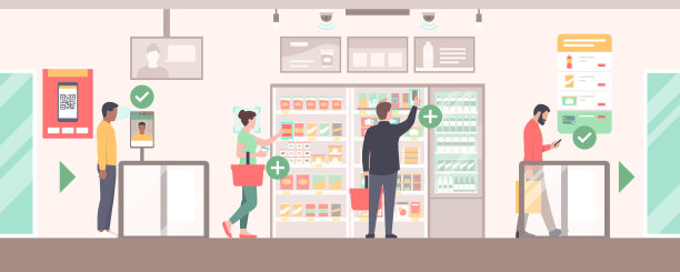 人们在自动人工智能便利店购买食品杂货图片下载