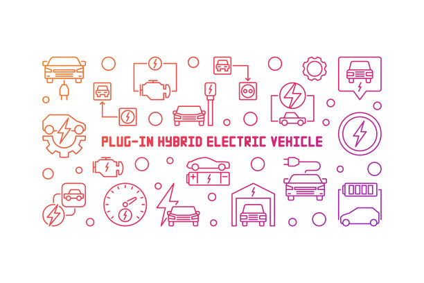 插电式电动汽车矢量彩色轮廓插图图片下载