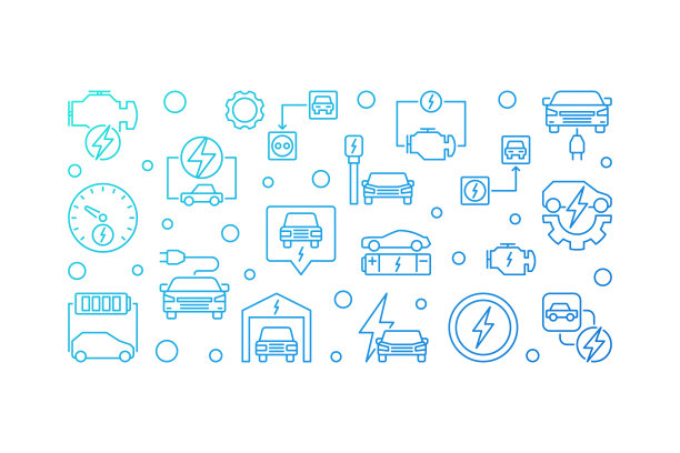 插电式电动汽车矢量蓝线插图图片下载