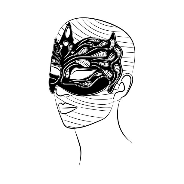 戴着科伦拜恩面具的人。狂欢节或化装舞会上用的节日口罩。巴西节日或威尼斯狂欢节的服装部分。剧院、歌剧的面部装饰。草图图片下载
