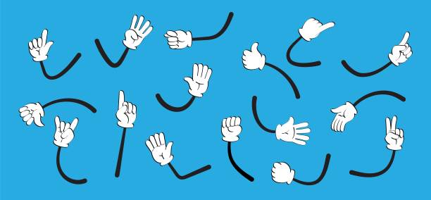 古董手在手套集向量。可爱的动画脚穿鞋。吉祥物身体部位动作搞笑人物。黛西的手的姿势。图片下载