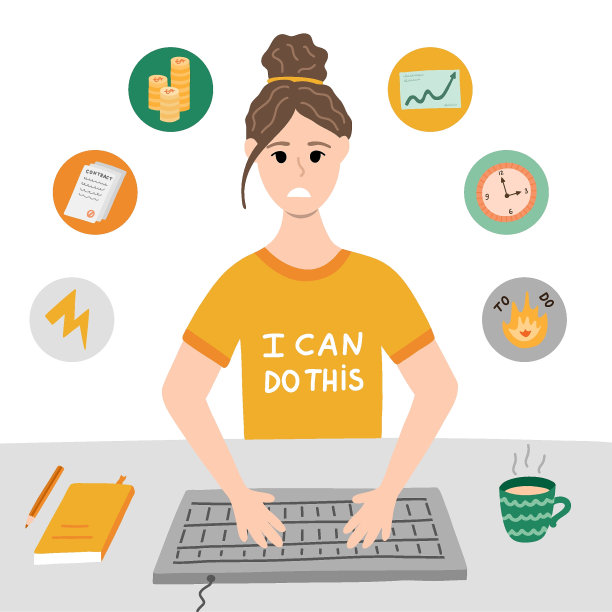 企业营销的概念。现代平面与工作的生活方式设计。互联网技术，数字营销。团队合作矢量的概念。女孩在键盘上打字，在蠕虫家有压力。图片下载