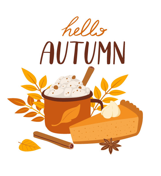 矢量插画南瓜派与鲜奶油和辛辣的咖啡，肉桂棒和茴芹。图片下载