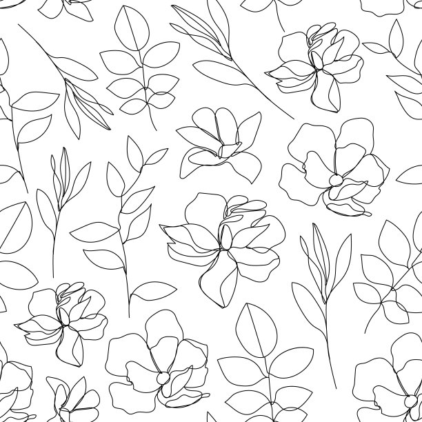 矢量花线性无缝背景，花与叶一体，连续线图案，手绘风格。单一险种涂鸦。图片下载