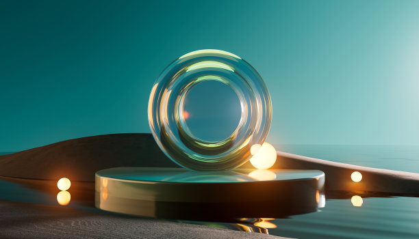 3d渲染圆形平台上的水与玻璃墙板。绿色霓虹灯颜色的产品展示横幅的最小景观模型。现代促销模型。几何背景与空白。图片下载