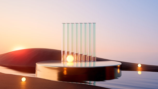 3d渲染圆形平台上的水和沙子与玻璃墙板。最小景观模型的产品展示横幅在紫色。现代促销模型。几何背景与空白图片下载