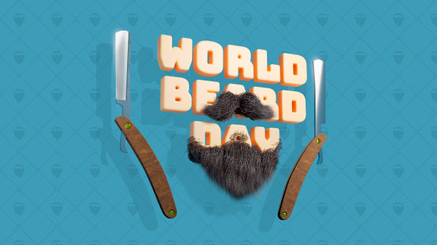 搞笑、可爱、世界胡须日3d插画，卡片、产品推广、印刷品、网络、视频、广告等。胡子文本。3 d渲染。图片下载