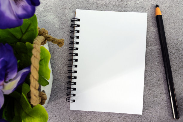 笔记本笔和盆栽植物大理石桌子。直接上图。平的。副本的空间。图片下载