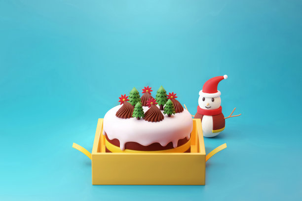 圣诞快乐，新年巧克力蛋糕在一个黄色的礼盒与可爱的雪人3d插图的礼品卡在蓝色的背景图片下载