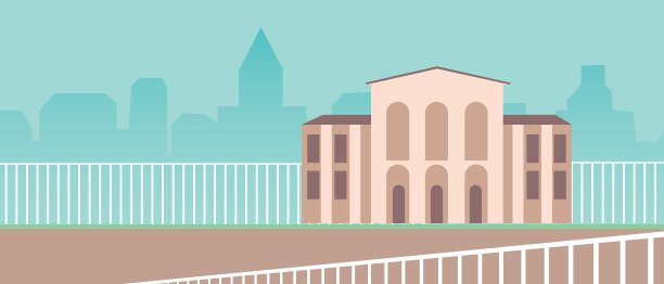 校园与栅栏在春天或夏天，没有人，平面矢量股票插图与外部建筑1图片下载