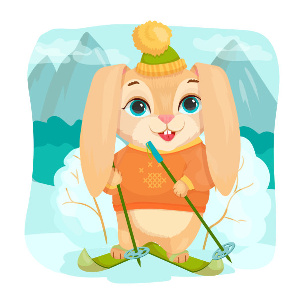 可爱的兔子在滑雪。寒假。快乐的兔子。矢量插图在白色背景。图片下载