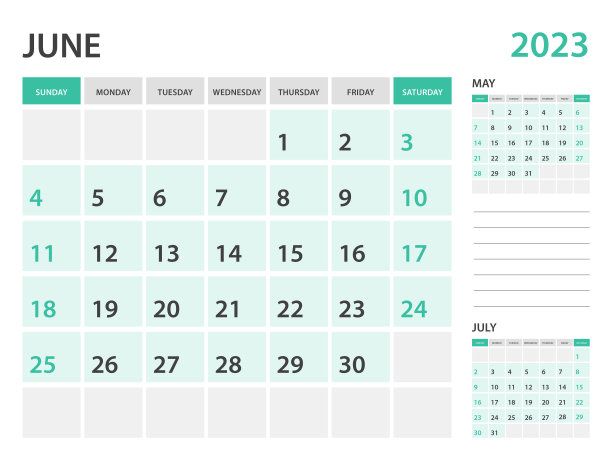 日历2023模板2023年6月，每月计划，桌面日历2023模板，墙日历设计，星期开始在星期日，文具，印刷，办公室组织者矢量图片下载