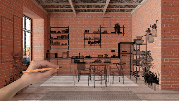 家居装修，住宅发展概念背景，室内设计施工手绘定制建筑，黑色水墨素描，展示现代厨房蓝图图片下载